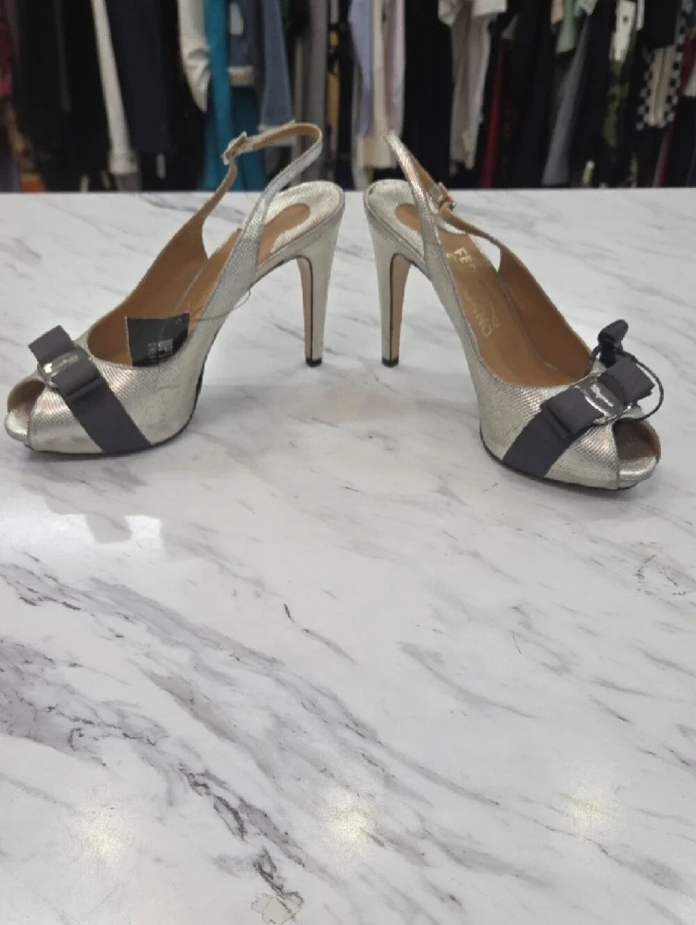 Salvatore Ferragamo Silver Slingback Peep-Toe Heels with Dark Bow